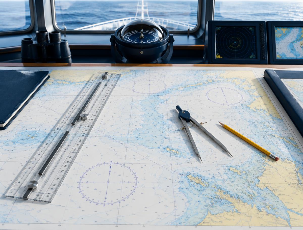 Carta nautica e strumenti di navigazione sul ponte di comando