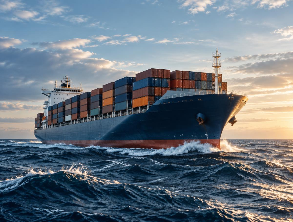 Nave portacontainer in navigazione con mare formato